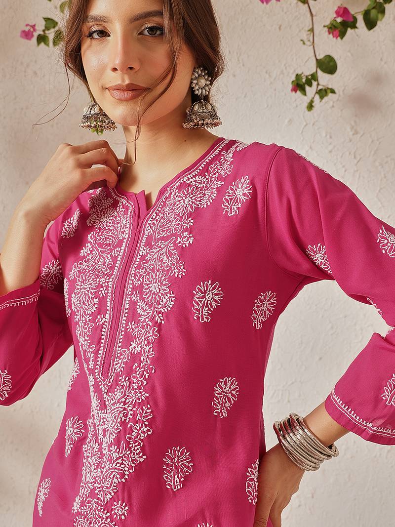 Hand embroide magenta cotton lucknowi chikankari straight kurta