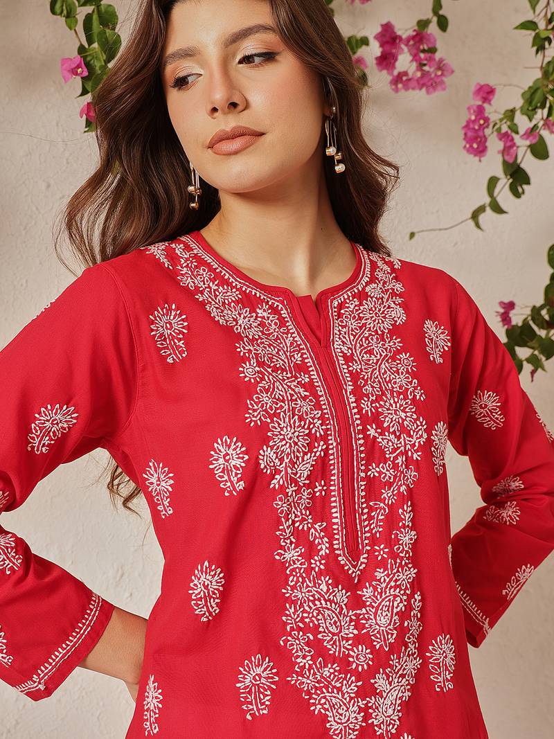 Hand embroidered red cotton lucknowi chikankari straight kurta