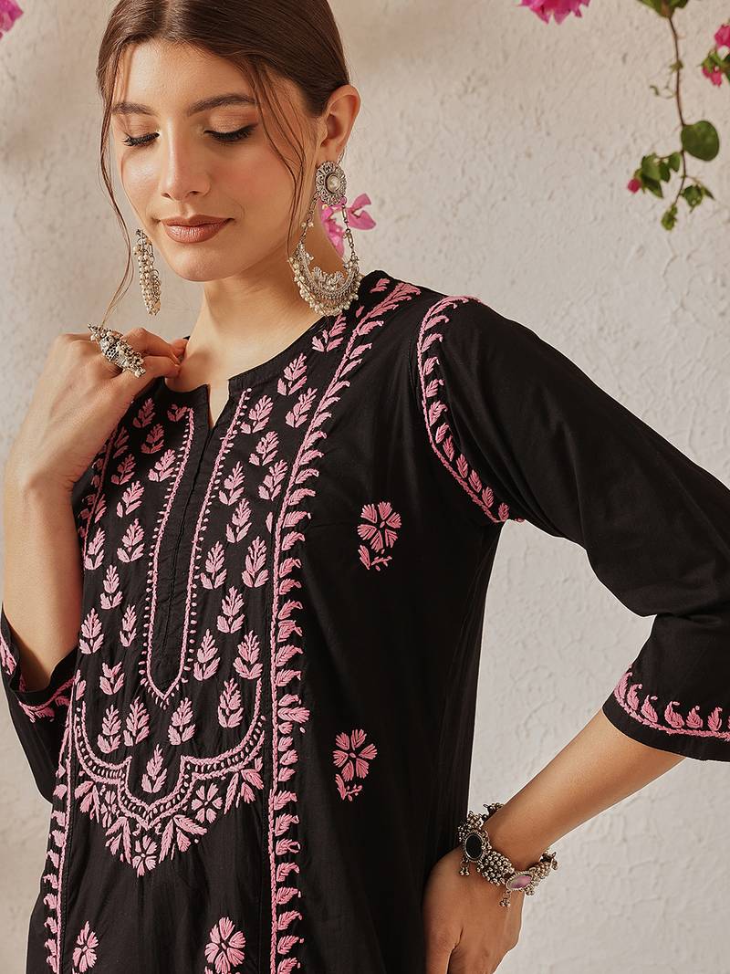 Hand embroidered black cotton lucknowi chikankari straight kurta