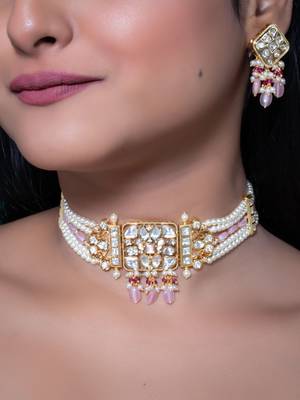 Pink kundan polki choker necklace set 1