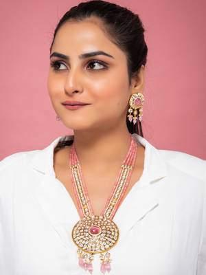 Pink kundan polki long necklace set 1