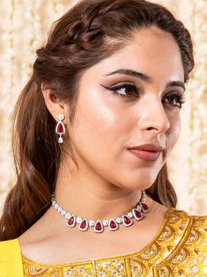 Delight silver plated ruby stone necklace with studs 1