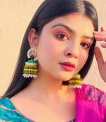 Peacock green floral hand painted colour-full beads jhumka