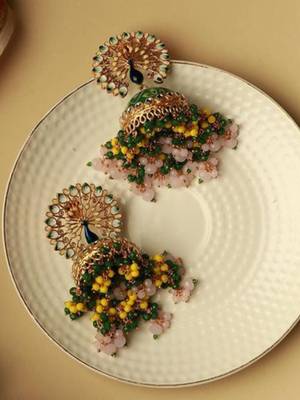 Peacock green floral hand painted colour-full beads jhumka 2