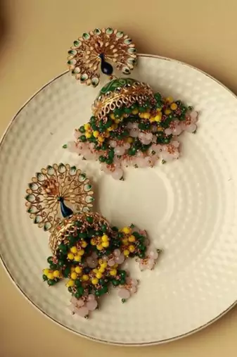 Peacock green floral hand painted colour-full beads jhumka