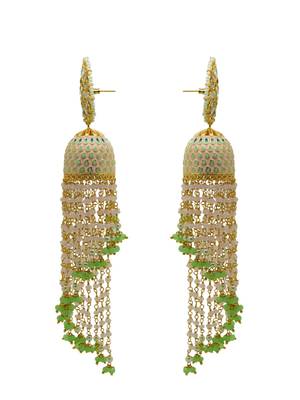 Light pink-mint meenakari kundan long beads jhumka 1