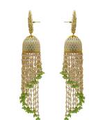 Light pink-mint meenakari kundan long beads jhumka