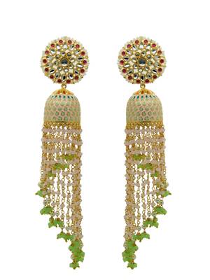 Light pink-mint meenakari kundan long beads jhumka 2