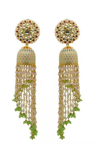 Light pink-mint meenakari kundan long beads jhumka