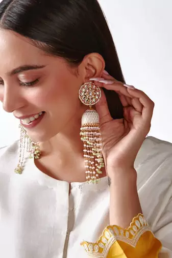 Light pink-mint meenakari kundan long beads jhumka