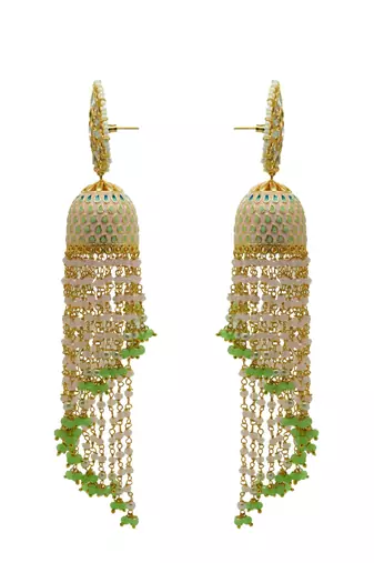 Light pink-mint meenakari kundan long beads jhumka