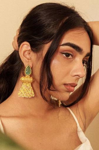 Gold plated unique craving stone designer earring