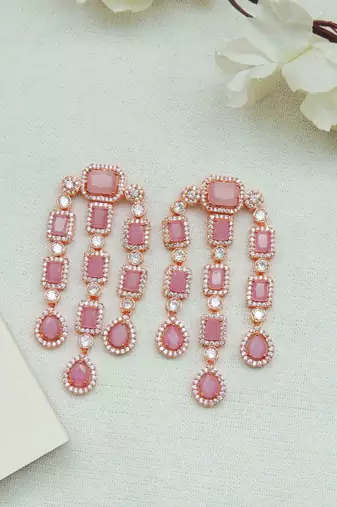 Designer rose-plated pink stone earring