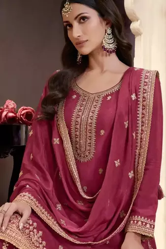 Maroon embroidered chinon palazzo suit