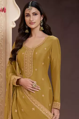 Yellow embroidered chinon palazzo suit