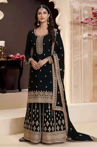 Black embroidered chinon semi palazzo suit