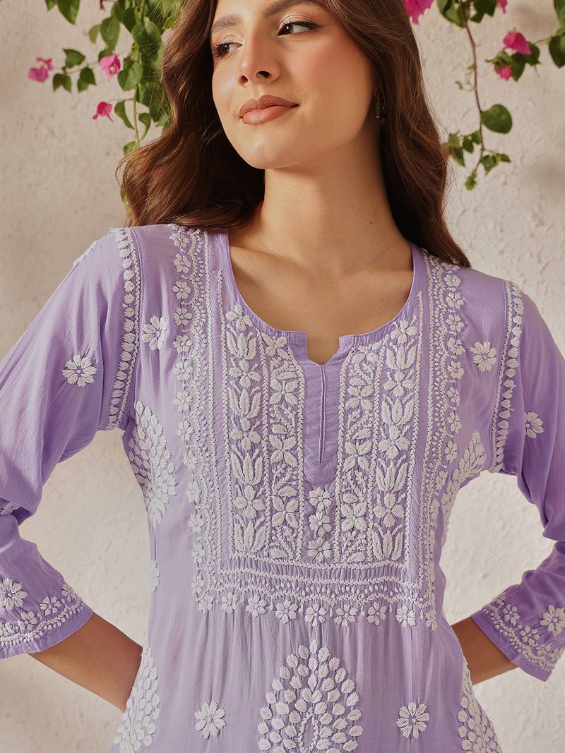 Hand embroidered mauve modal lucknowi chikankari kurta set