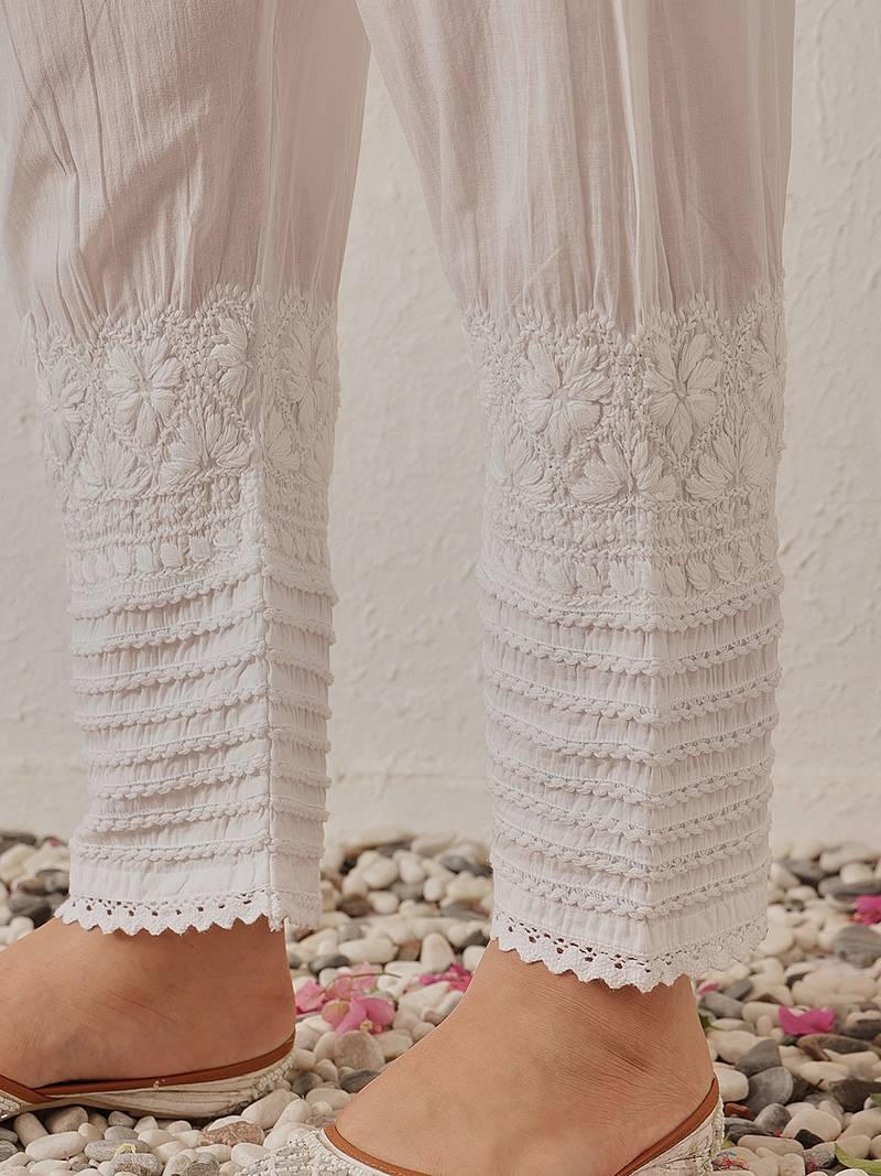 Hand embroidered white cotton lucknowi chikankari kurta set
