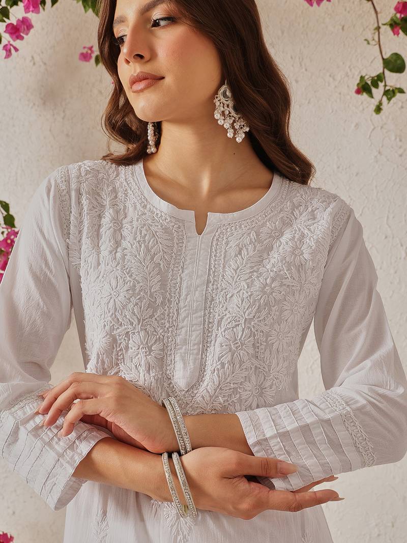 Hand embroidered white cotton lucknowi chikankari kurta set