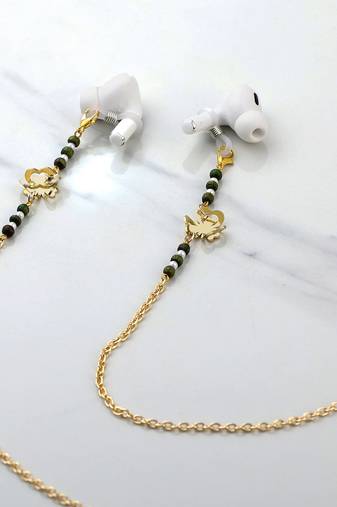 Golden flower with green beads spectacles/air pods chain