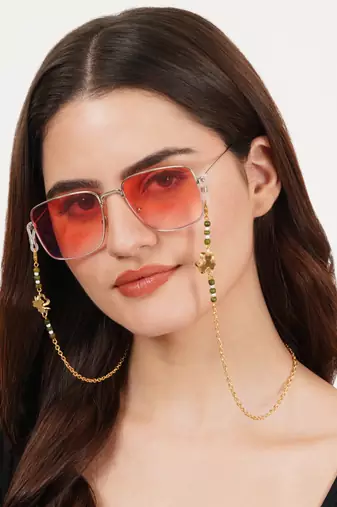 Golden flower with green beads spectacles/air pods chain