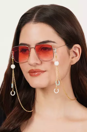 Golden chain with white & blue beads ring spectacles/air pods chain