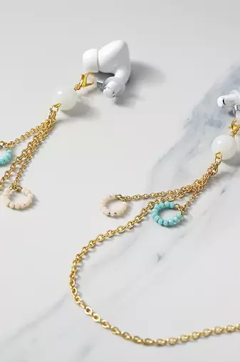Golden chain with white & blue beads ring spectacles/air pods chain