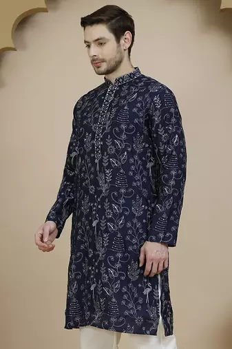 Blue embroidered silk blend kurtas for men