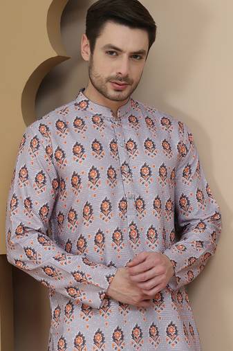 Grey printed silk blend straight kurtas for men