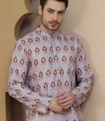 Grey printed silk blend straight kurtas for men