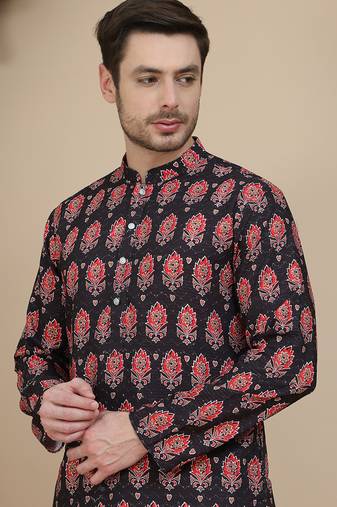 Black printed silk blend straight kurtas for men