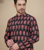 Black printed silk blend straight kurtas for men