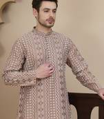 Brown geometric print silk blend straight kurtas for men