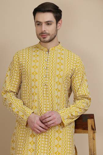 Yellow geometric print silk blend straight kurtas for men