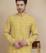 Yellow geometric print silk blend straight kurtas for men