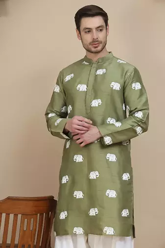 Green elephant embroidered silk blend kurtas for men