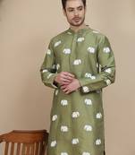 Green elephant embroidered silk blend kurtas for men