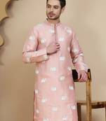 Pink elephant embroidered silk blend kurtas for men