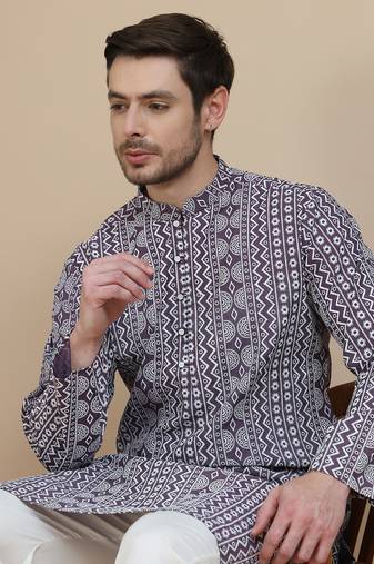 Purple geometric print silk blend straight kurtas for men