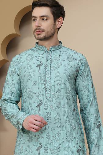 Blue embroidered silk blend kurtas for men