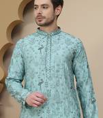 Blue embroidered silk blend kurtas for men