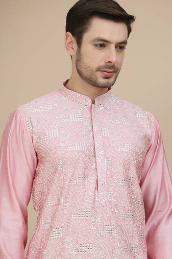 Pink embroidered silk blend kurtas for men