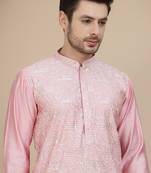 Pink embroidered silk blend kurtas for men