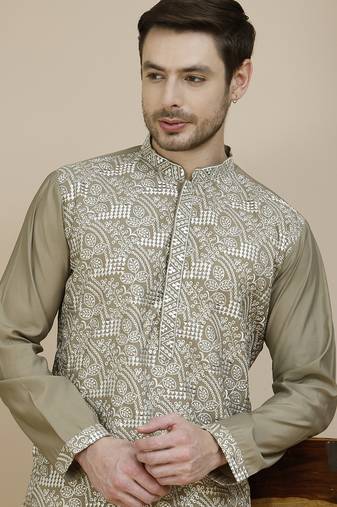 Beige embroidered silk blend kurtas for men