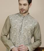 Beige embroidered silk blend kurtas for men
