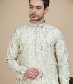 White embroidered silk blend kurtas for men