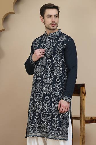 Blue embroidered silk blend kurtas for men