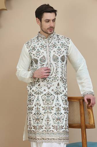 White floral embroidered straight kurtas for men