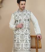 White floral embroidered straight kurtas for men