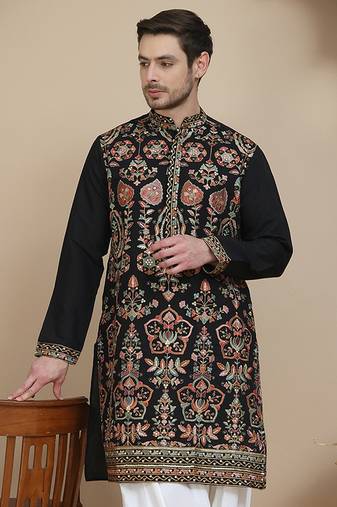 Black floral embroidered straight kurtas for men